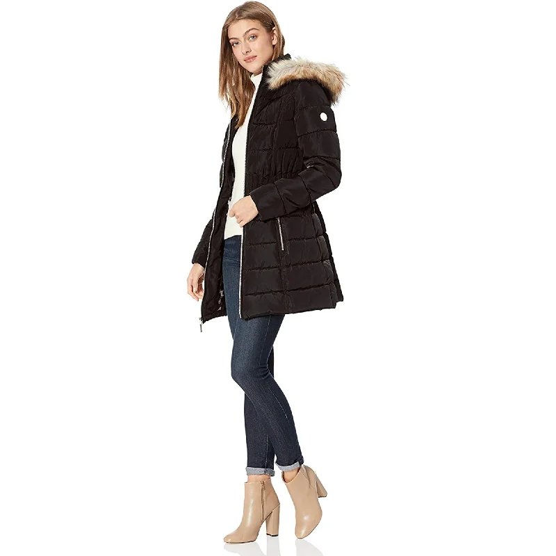 Women's Chic Outerwear Outfit Laundry by Shelli Segal Black Cinch Waist Down Puffer Hooded Coat