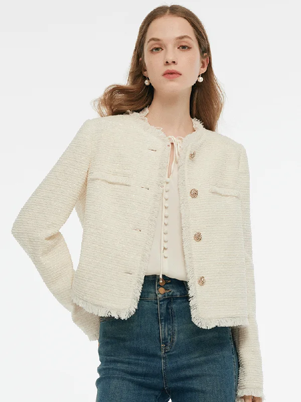 Women's Clothing For Work Tweed Collarless Women Crop Jacket