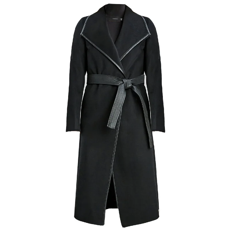 Fashionable Women's Outfit Tahari Women's Black Juliette Double Face Wool Belted Coat with Faux Leather Trim