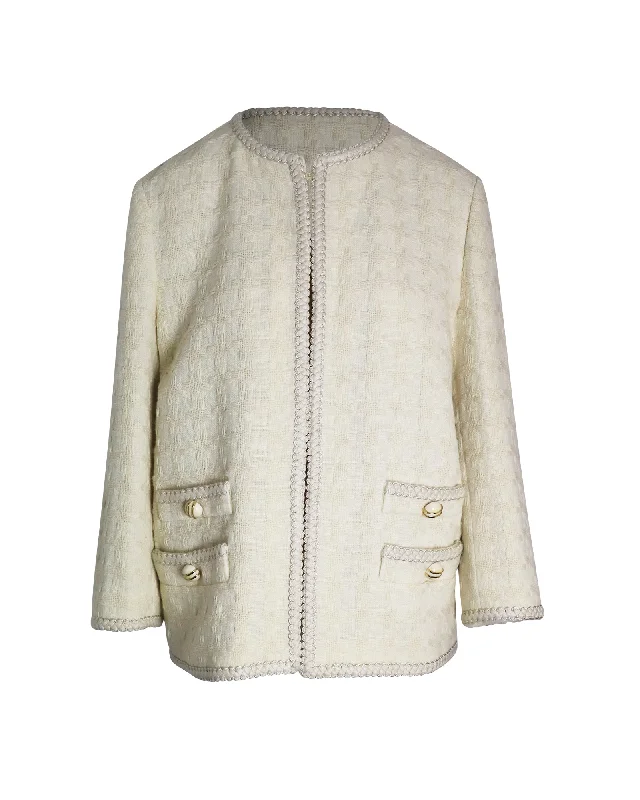 Women's Formal Event Outfit Gucci Houndstooth Open-Front Jacket in Cream Wool Tweed