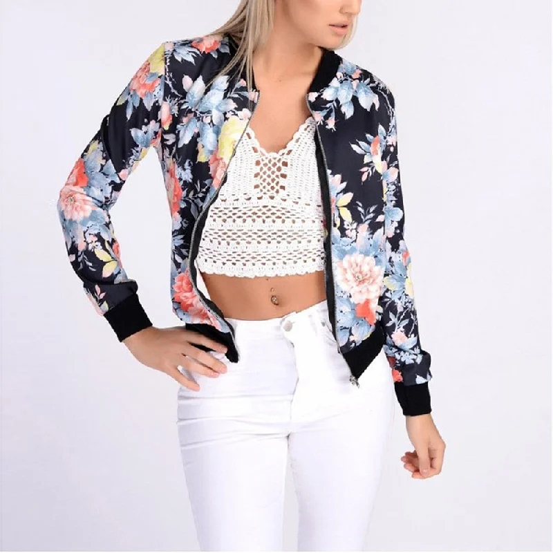 Women's Travel Outfit Set Women Retro Flower Floral Print Jacket Zipper Bomber Collar Slim Coat Casual Outwear Female Autumn Spring Jacket Fashion Ladies