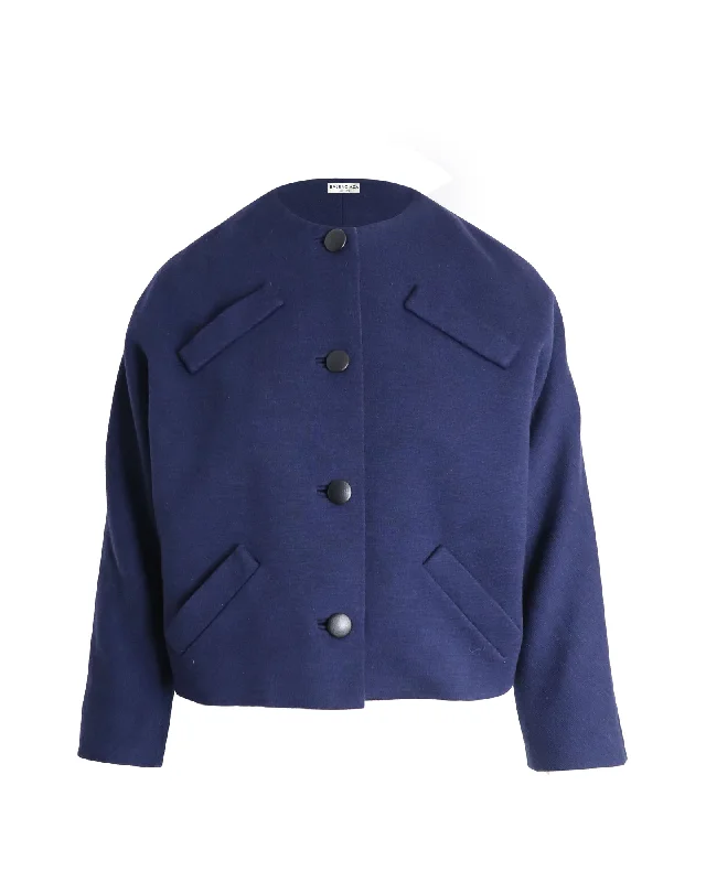 Women's Stylish Professional Apparel Balenciaga Multi-Pocket Front Button Evening Jacket in Blue Wool