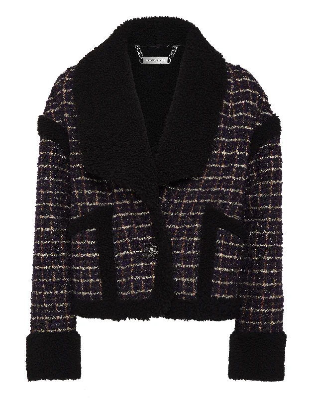 Women's Romantic Outfit Tweed and Shearling Mix Coat Loose Fit Tartan