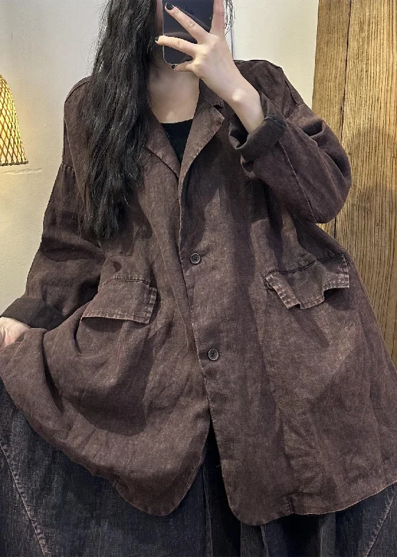 Sustainable Women's Clothing Vintage Coffee Patchwork Button Linen Coats Long Sleeve Sustainable Women's Clothing Vintage Coffee Patchwork Button Linen Coats Long Sleeve