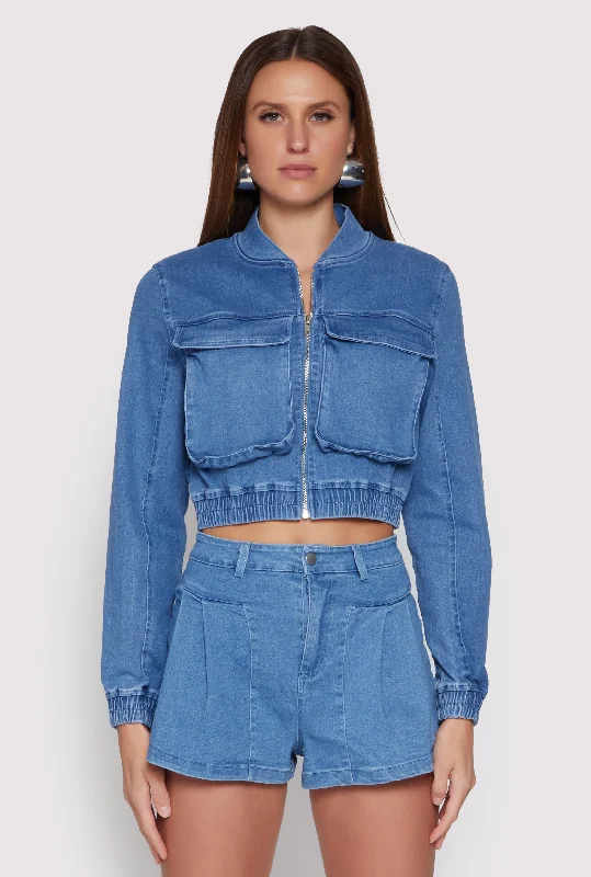 Women's Travel Garments Haute Monde Cargo Pocket Cropped Jean Jacket