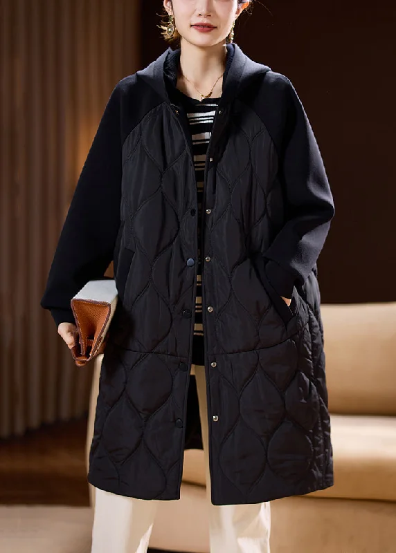 Women's Plus-Size Clothes Loose Black Hooded Button Pockets Cotton Filled Coat Winter Women's Plus-Size Clothes Loose Black Hooded Button Pockets Cotton Filled Coat Winter