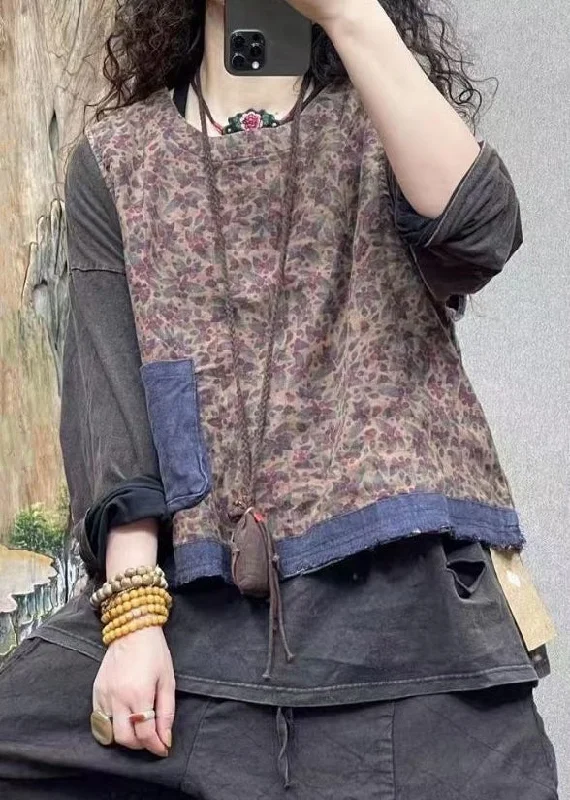 Women's Athleisure Apparel Vintage Blue O-Neck Print Pockets Linen Waistcoat Sleeveless Women's Athleisure Apparel Vintage Blue O-Neck Print Pockets Linen Waistcoat Sleeveless