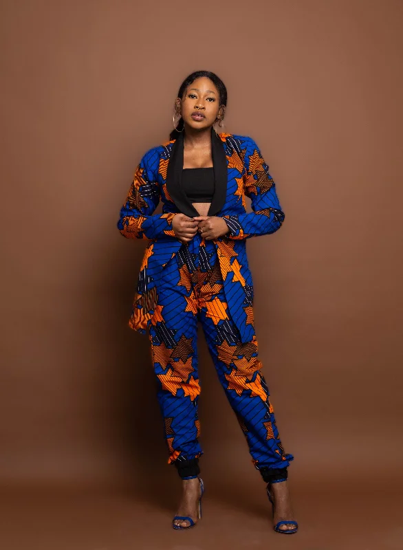 Affordable Women's Clothing Augusta Ankara Long Jacket | Blue and Orange African Print