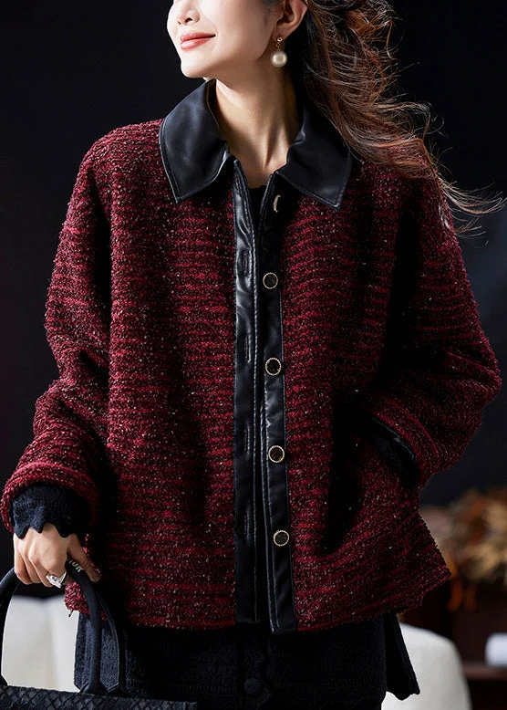 Comfortable Women's Clothes Elegant Wine Red Peter Pan Collar Button Patchwork Parkas Winter Comfortable Women's Clothes Elegant Wine Red Peter Pan Collar Button Patchwork Parkas Winter