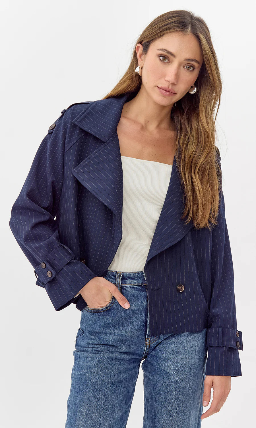 Clearance Event – Grab Stylish Outfits Before They're Gone Pinstripe Cropped Trench Coat