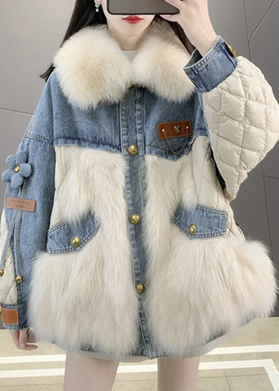 Modern Women's Clothes Beige Fox collar Denim Patchwork Button Down Coats Winter