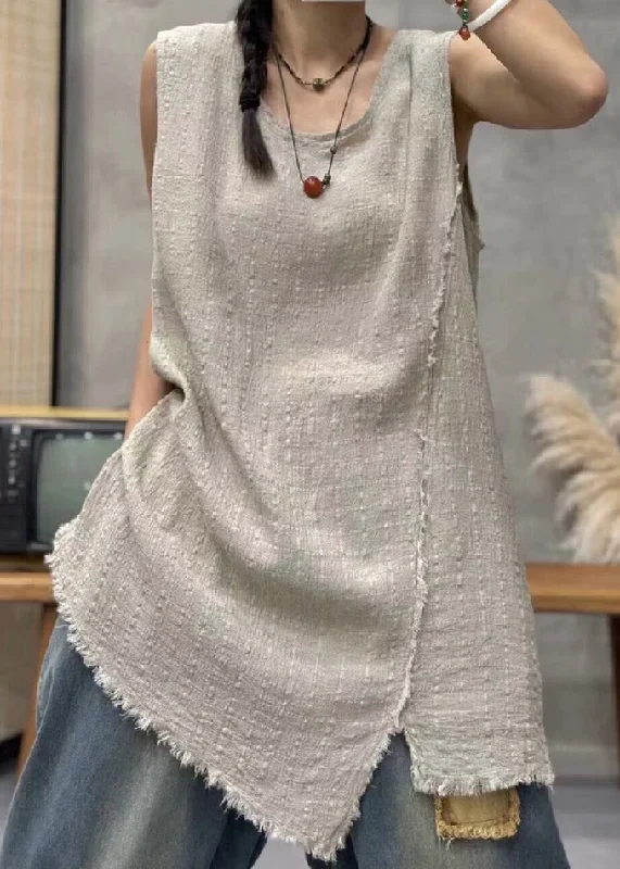 Women's Outfit Elegant Light Khaki Asymmetrical Linen Waistcoat Sleeveless