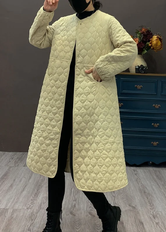 Women's Vintage Garments Women Beige O Neck Pockets Fine Cotton Filled Coat Winter