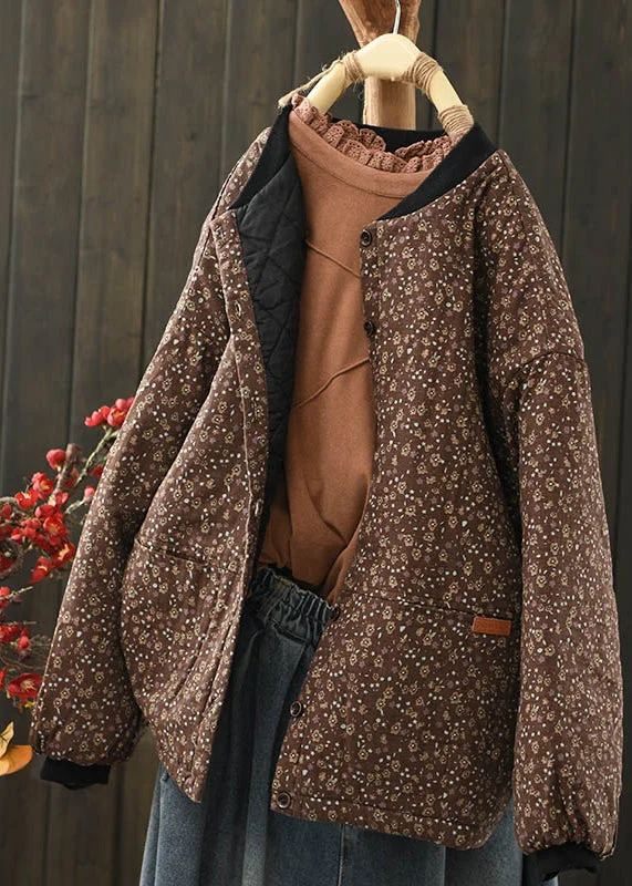 Women's Work Apparel Women Coffee Pockets Print Fine Cotton Filled Coat Spring