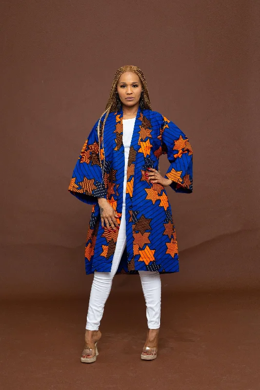 Women's Casual Apparel Lara Ankara Midi Kimono Jacket | Blue and Orange African Print