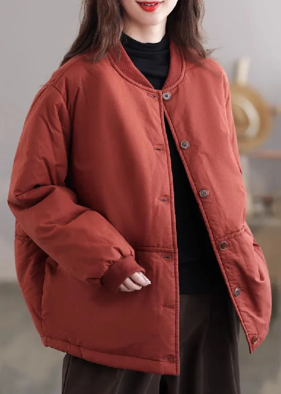 Casual Apparel For Women Loose Rust Stand Collar Pockets Fine Cotton Filled Jackets Spring Casual Apparel For Women Loose Rust Stand Collar Pockets Fine Cotton Filled Jackets Spring
