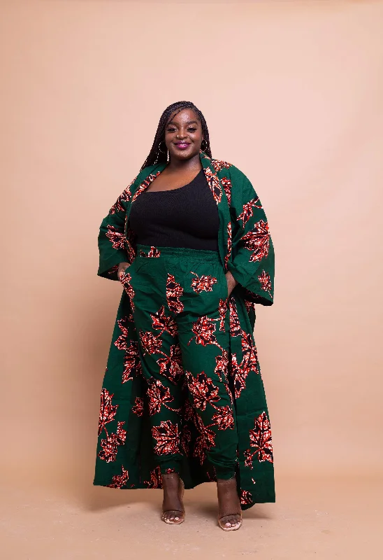 Women's Stylish Professional Garments Akan Ankara Long Kimono Jacket | Green African Print