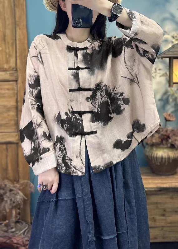 Women's Holiday Clothes Loose Khaki Print Button Linen Coats Long Sleeve