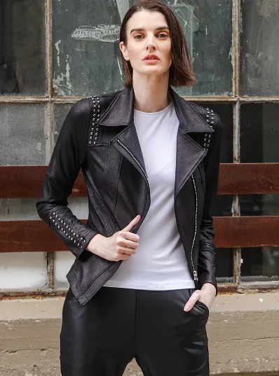 Women's Trendy Apparel Clara S Black Liquid Leather Studded Jacket
