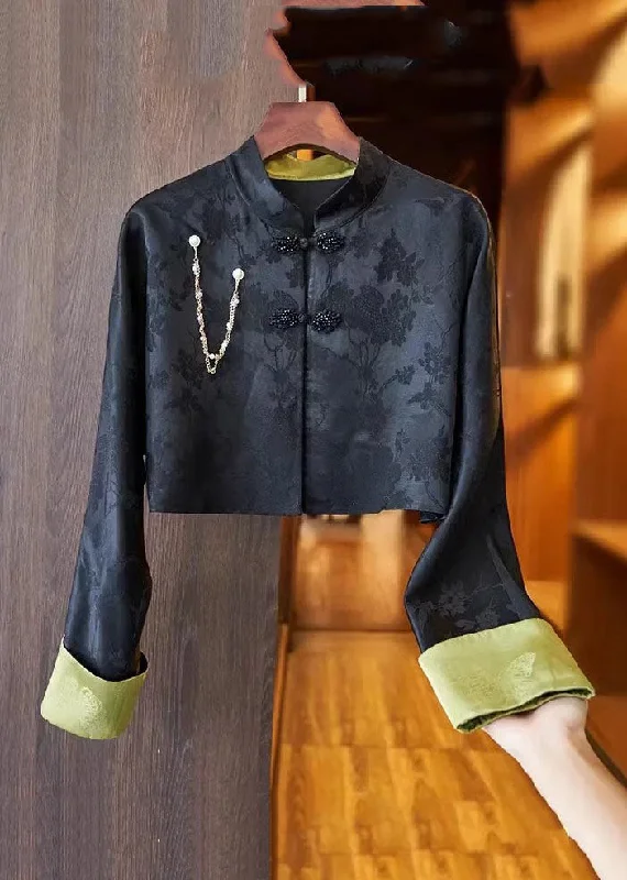 Casual Chic Clothing For Women Slim Fit Black Stand Collar Embroideried Button Silk Linen Coat Long Sleeve Casual Chic Clothing For Women Slim Fit Black Stand Collar Embroideried Button Silk Linen Coat Long Sleeve