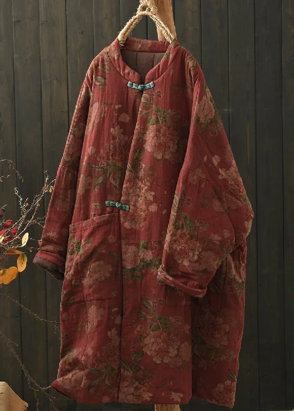 Limited-Stock Sale – Stylish Outfits At Lower Prices Boho Red Pockets Print Oriental Button Fine Cotton Filled Coat Winter