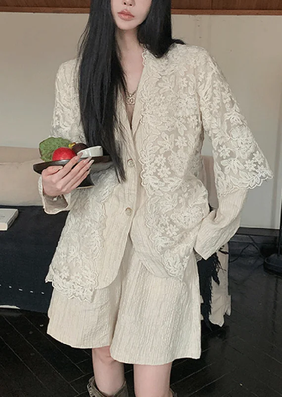 Women's Formal Apparel New Beige Peter Pan Collar Coat Cardigans And Shorts Linen Suit Set Spring Women's Formal Apparel New Beige Peter Pan Collar Coat Cardigans And Shorts Linen Suit Set Spring