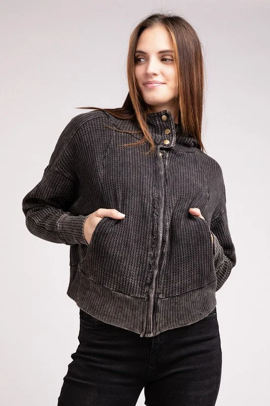 Women's Workout Clothing Acid Wash Cotton Waffle Hooded Zip-Up Jacket