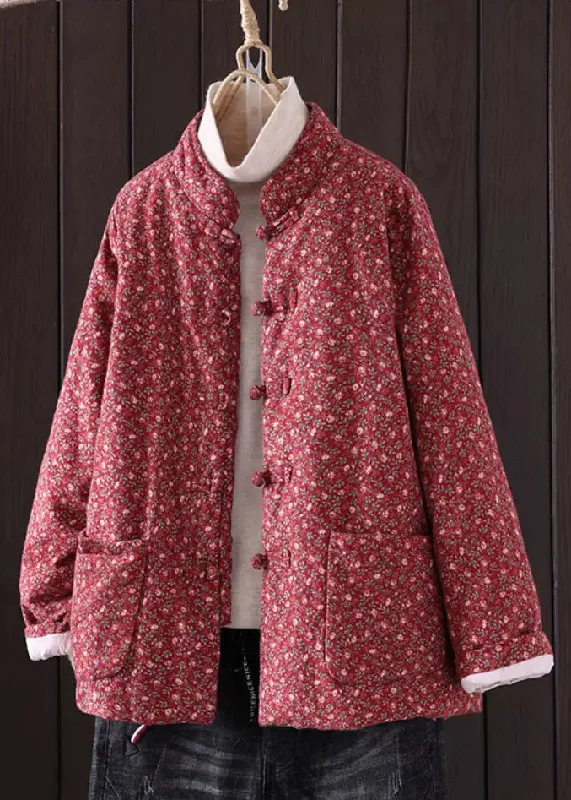 Casual Clothing For Women Art Red Print Button Pockets Thick Coat Winter