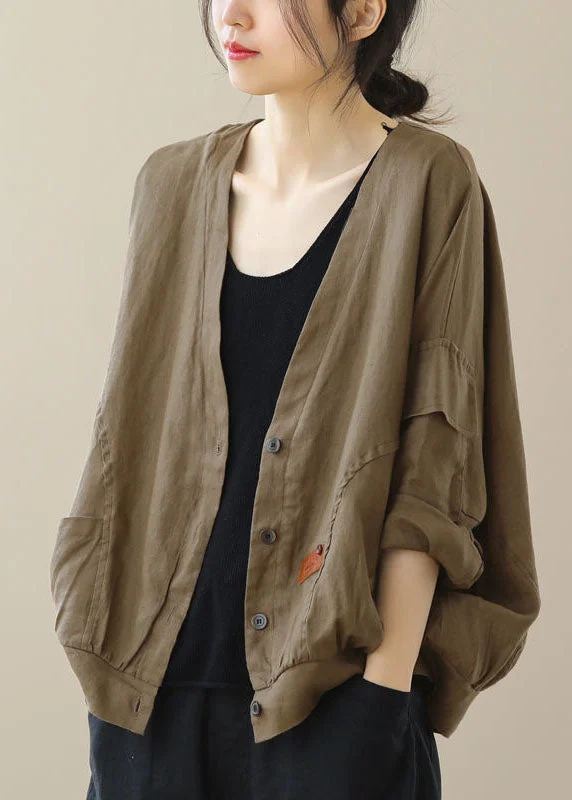 Clearance Event – Grab Stylish Outfits Before They're Gone Retro Coffee V Neck Pockets Button Patchwork Linen Cardigan Coat Fall Clearance Event – Grab Stylish Outfits Before They're Gone Retro Coffee V Neck Pockets Button Patchwork Linen Cardigan Coat Fall