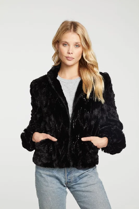 Timeless Women's Apparel Sequin Faux Fur Puff Sleeve Zip Up