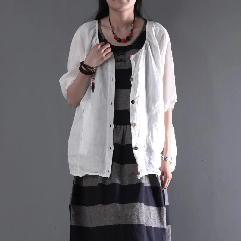 Women's Outdoor Activity Garments White plus size linen coat women short blouse top shirt print at back Women's Outdoor Activity Garments White plus size linen coat women short blouse top shirt print at back
