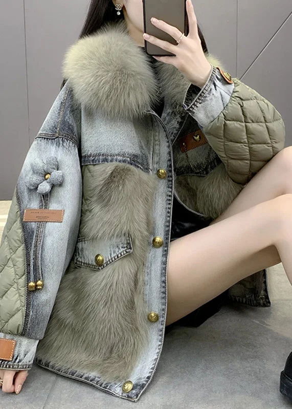 Trendy Athleisure Clothing For Women Green Denim Patchwork Button Faux Fur Coats Winter