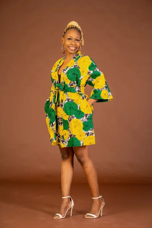 Fashionable Women's Clothing Anthonia Ankara Short Kimono Jacket | Yellow and Green African Print