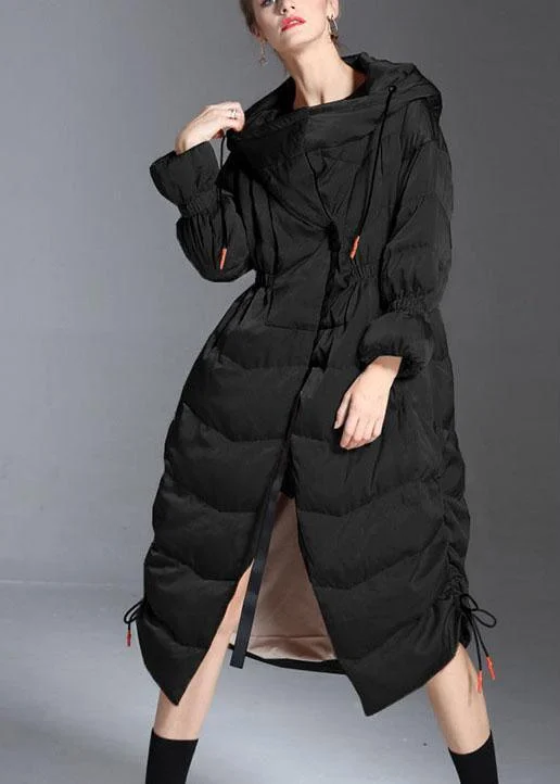 Women's Travel Outfit Set Trendy Black hooded drawstring slim fit Winter Duck Down down coat