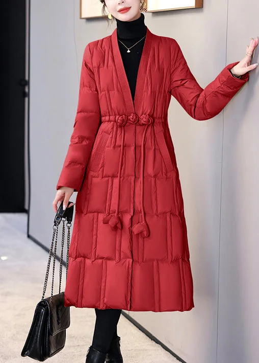 Chic Women's Outfit New Chinese Style Red V Neck Pockets Duck Down Puffers Coat Winter Chic Women's Outfit New Chinese Style Red V Neck Pockets Duck Down Puffers Coat Winter