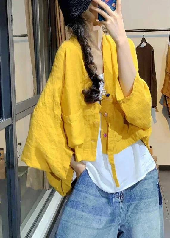 Women's Clothes And Apparel French Yellow Button Pockets Linen Coats Batwing Sleeve