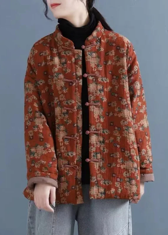 Women's Seasonal Wardrobe Clothing Loose Orange Button Print Cotton Filled Parka Long Sleeve Women's Seasonal Wardrobe Clothing Loose Orange Button Print Cotton Filled Parka Long Sleeve