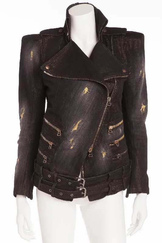 Women's Resort Garments Balmain - Black Multi Zipper Denim Jacket - FR 40