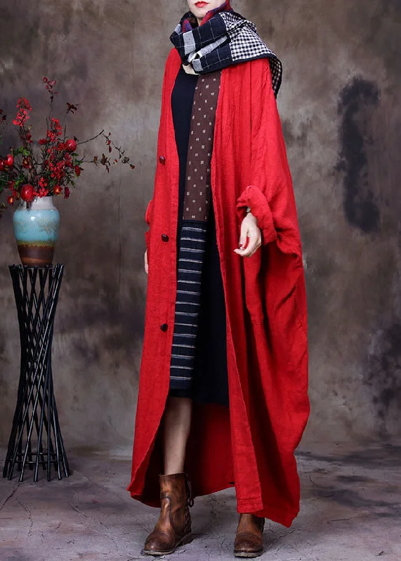 Women's Chic Outerwear Outfit French Red V Neck Oversized Linen Trench Coat Long Sleeve