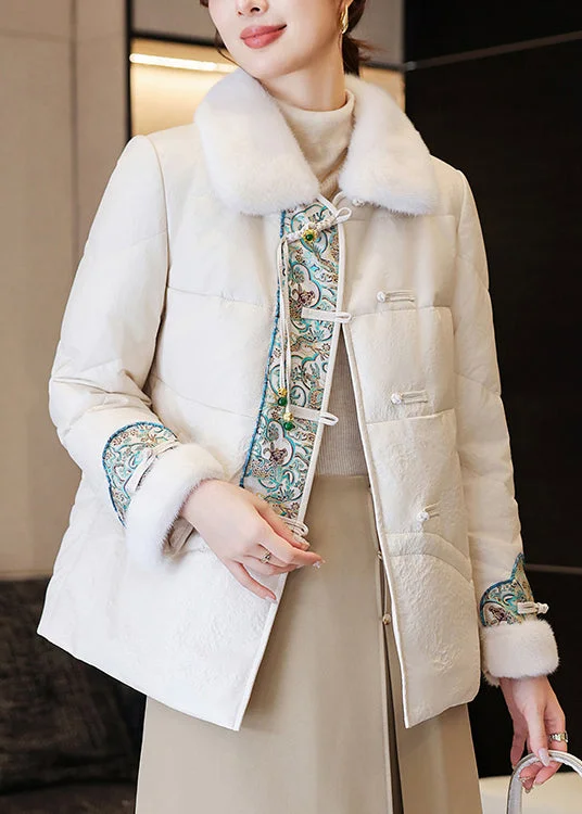 Women's Formal Event Clothing White Chinese Button Faux Leather Down Coats Fur Collar Winter Women's Formal Event Clothing White Chinese Button Faux Leather Down Coats Fur Collar Winter