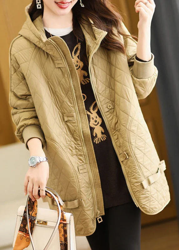Affordable Women's Clothing Organic Khaki Plaid Zippered Drawstring Fine Cotton Filled Hoodie Down Jackets Winter