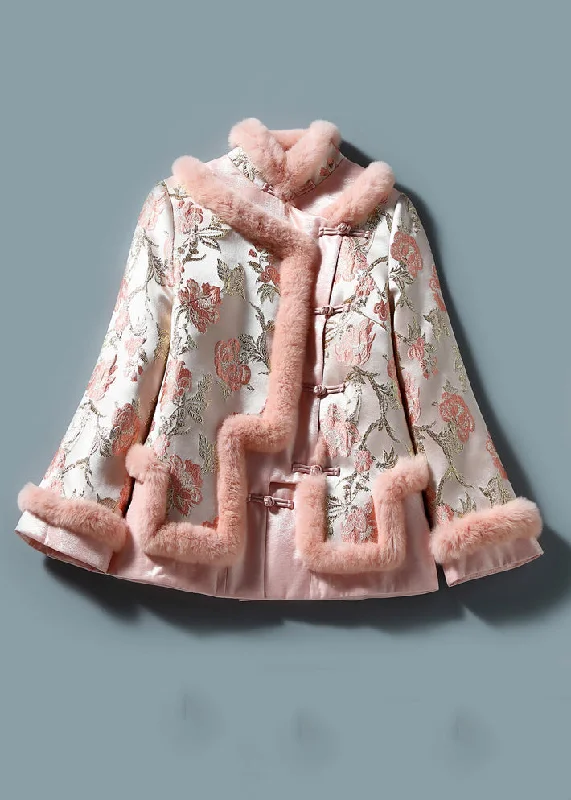 Trendy Athleisure Clothing For Women Art Pink Embroidery Button Patchwork Parkas Winter