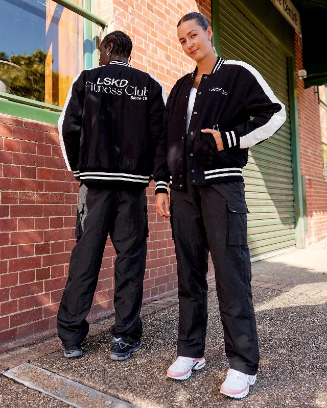 Women's Effortless Casual Outfit Unisex Fitness Club Bomber Jacket - Black-Off White