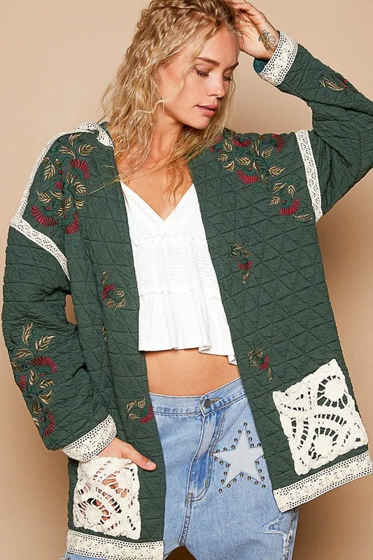 Everyday Fashion Dark Green Embroidered Open Front Quilted Jacket with Crochet Pockets