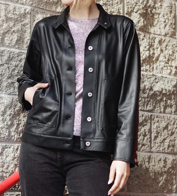 Huge Fashion Markdowns – Update Your Closet Now Clara S Black Liquid Leather Large Front Pockets Jacket
