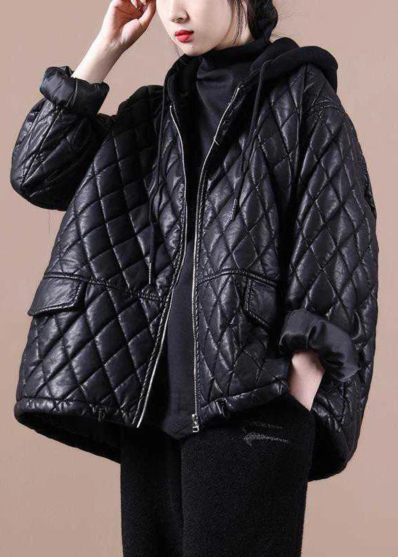 Women's Comfy Loungewear Outfit Luxury Black Hooded Zippered Patchwork Winter Winter Coats Long Sleeve