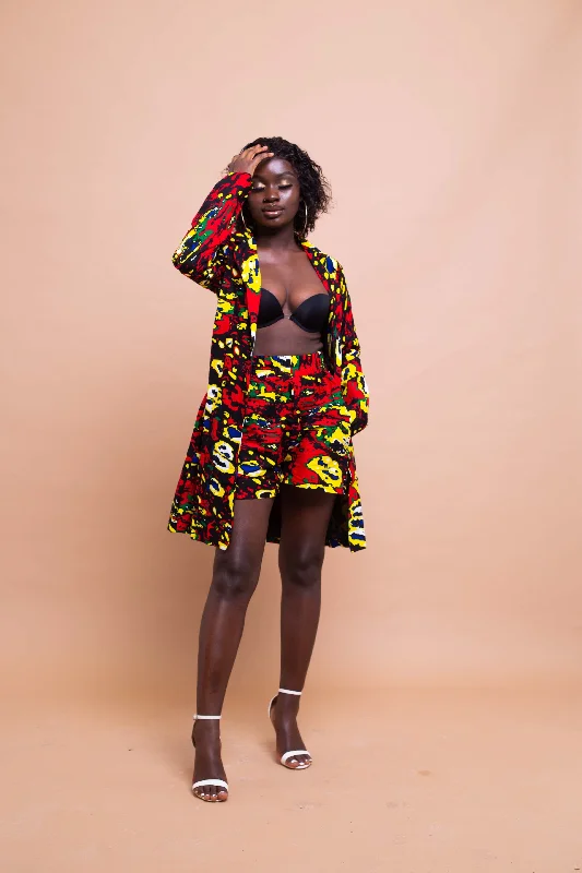 Women's Holiday Clothes Tessy Ankara Long Jacket | Yellow and Red African Print