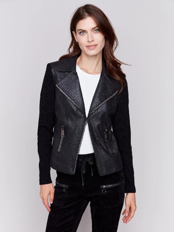Casual Outfit For Women Vintage Faux Leather And Rib Knit Jacket - Black
