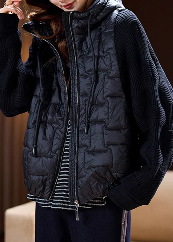 Women's Stylish Professional Apparel Art Black Knit Patchwork Thick Hooded Parkas Winter Women's Stylish Professional Apparel Art Black Knit Patchwork Thick Hooded Parkas Winter