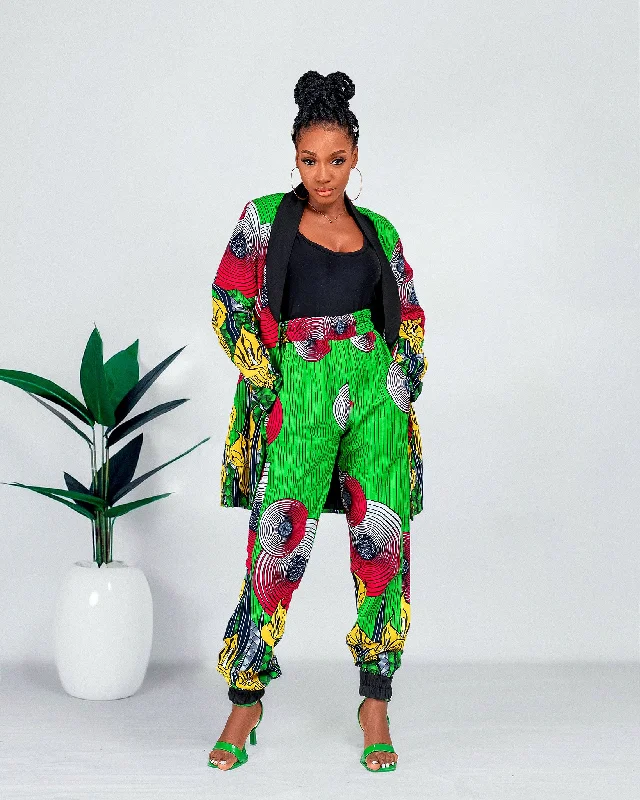 Women's Fashionable Clothing Sets Eliana Ankara Long Jacket | Green African Print